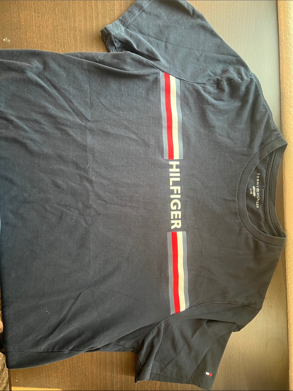 Tommy Hilfiger Navy Short Sleeve Logo Tee with Red & White Stripes